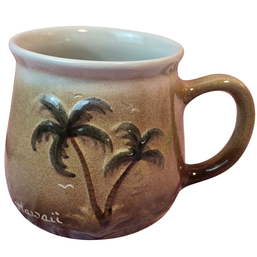Vintage Hawaii Hand Cast Pottery Mug Palm Tree Raised Relief Brown Stoneware